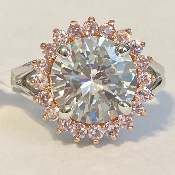 Pink Ice Halo Cocktail Ring Size 8 9 10 Statement Cubic Zirconia Silver Plated - Picture 5 of 10